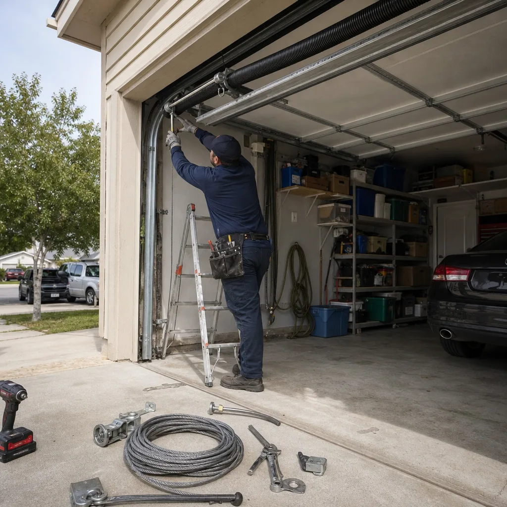Technician performing professional garage door cable repair on a ladder