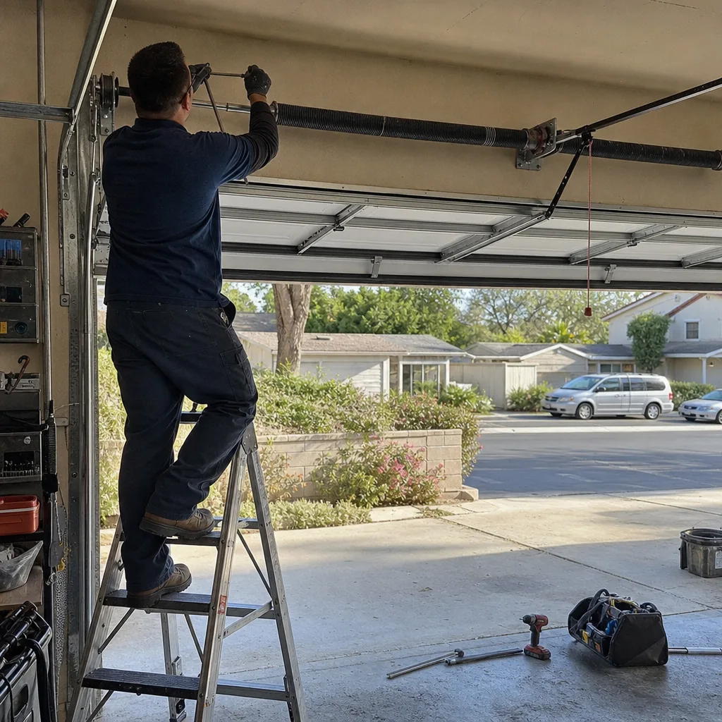 Technician performing professional garage door spring repair and maintenance