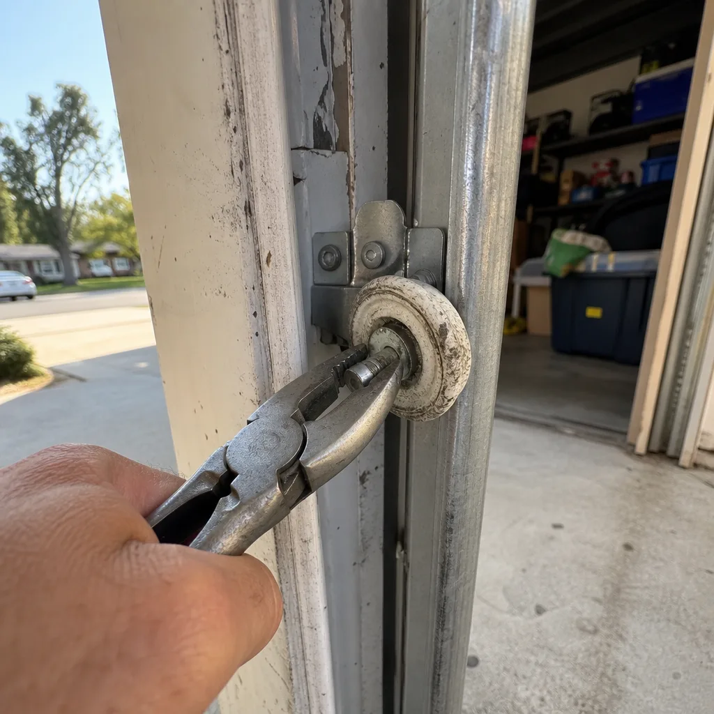 Technician performing professional garage door roller repair and maintenance