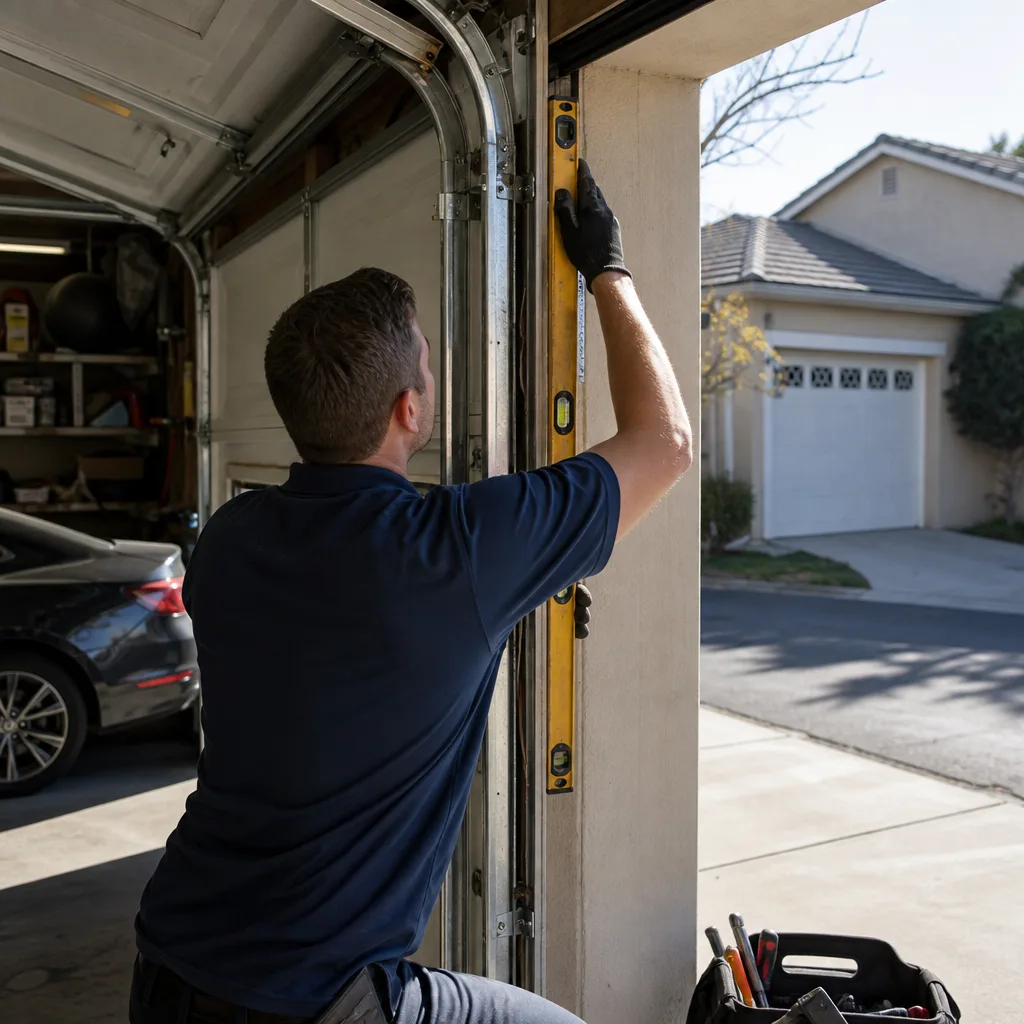 Technician using a level to perform professional garage door track repair