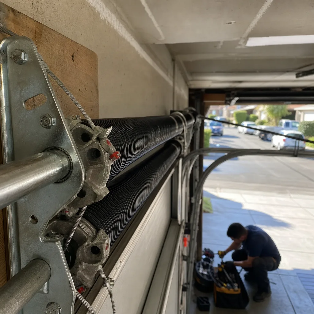 Technician performing professional garage door spring repair and maintenance