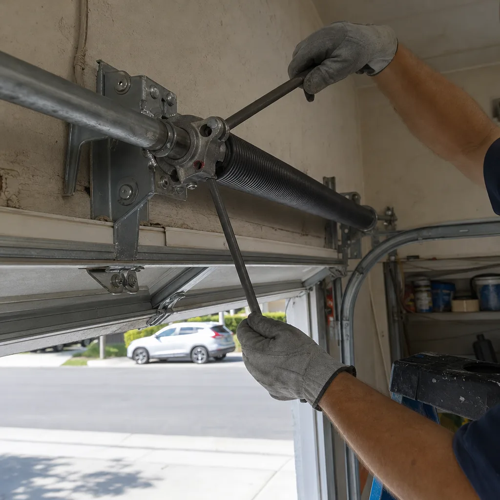 Technician using winding bars for garage door torsion spring repair